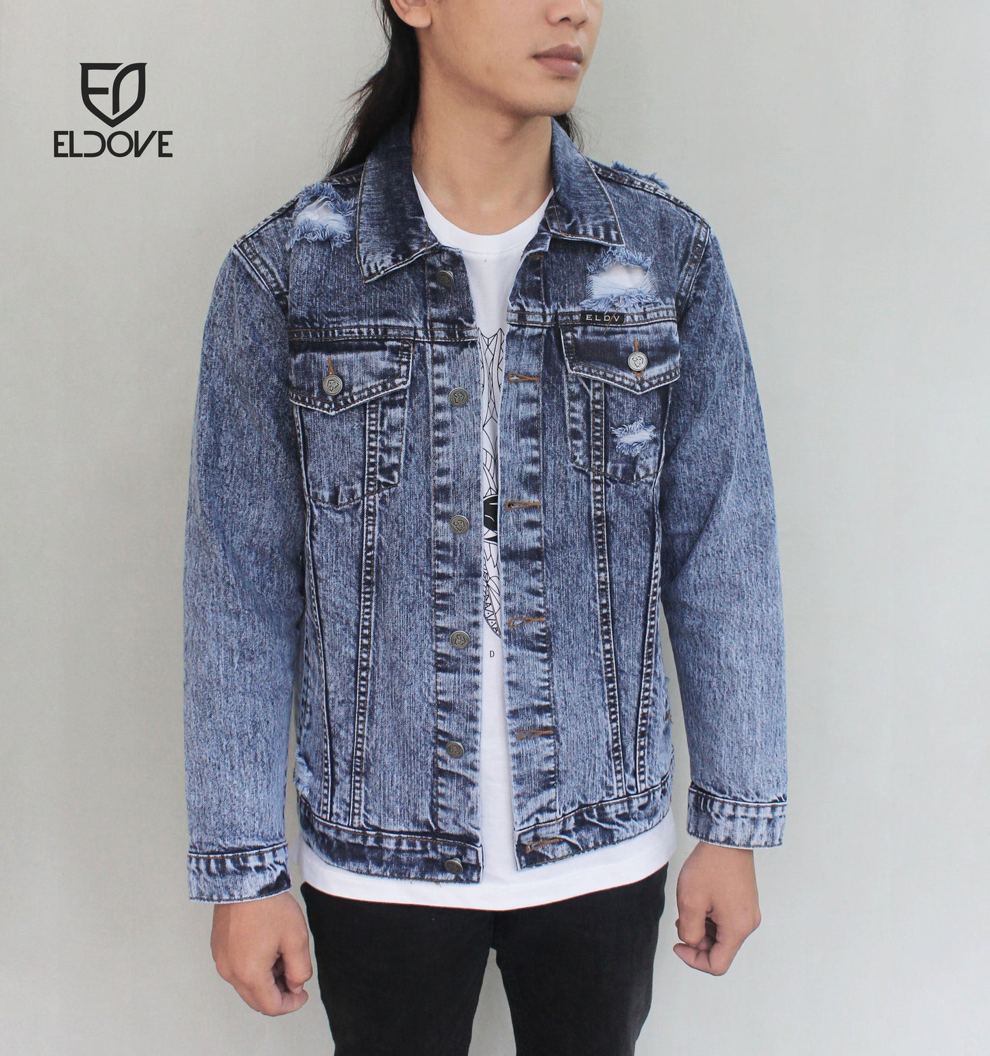 Eldove Denim Jacket Dark Blue Snow Destroy 5086